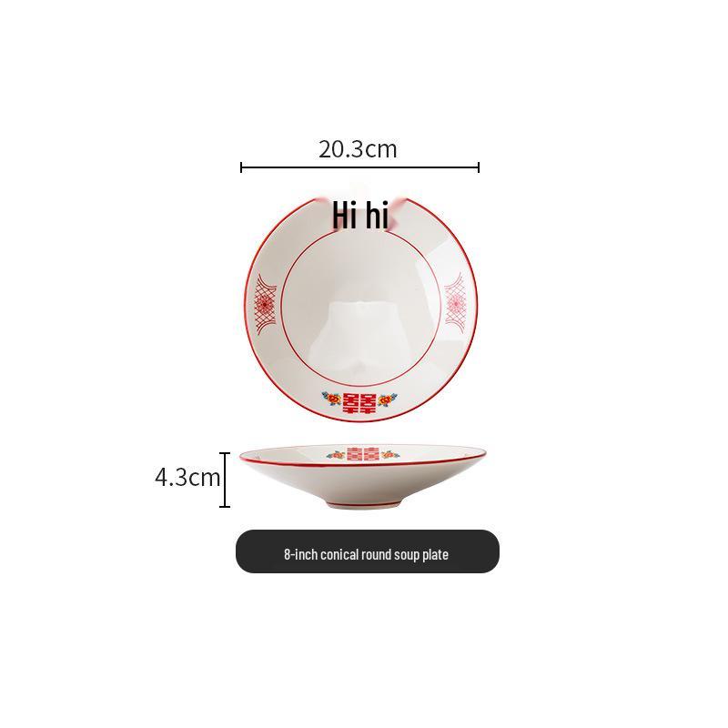 Set di Piatto Rotondo Rosso Ceramica Retrò Doppia Felicità - Piatto Basso, Piatto Piatto, Piatto per Hot Pot, Piatto per Carne, Piatto per Salsa e Piatto per Pesce per Tavola da Ristorante.