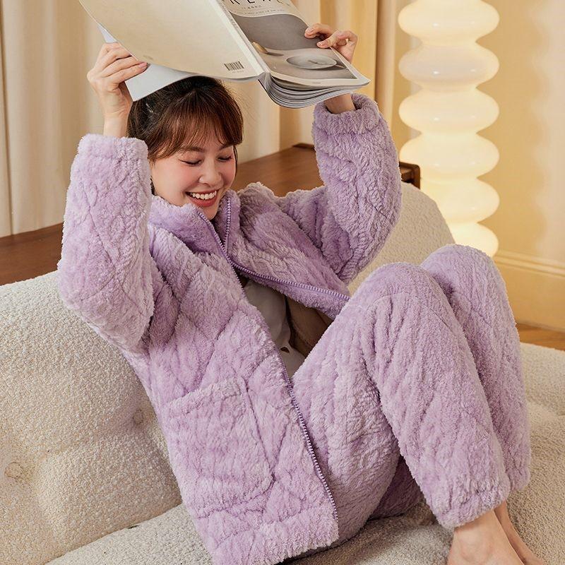 Winter Thick Fleece Couple Pajamas Set Warm Coral Loungewear Sleepwear