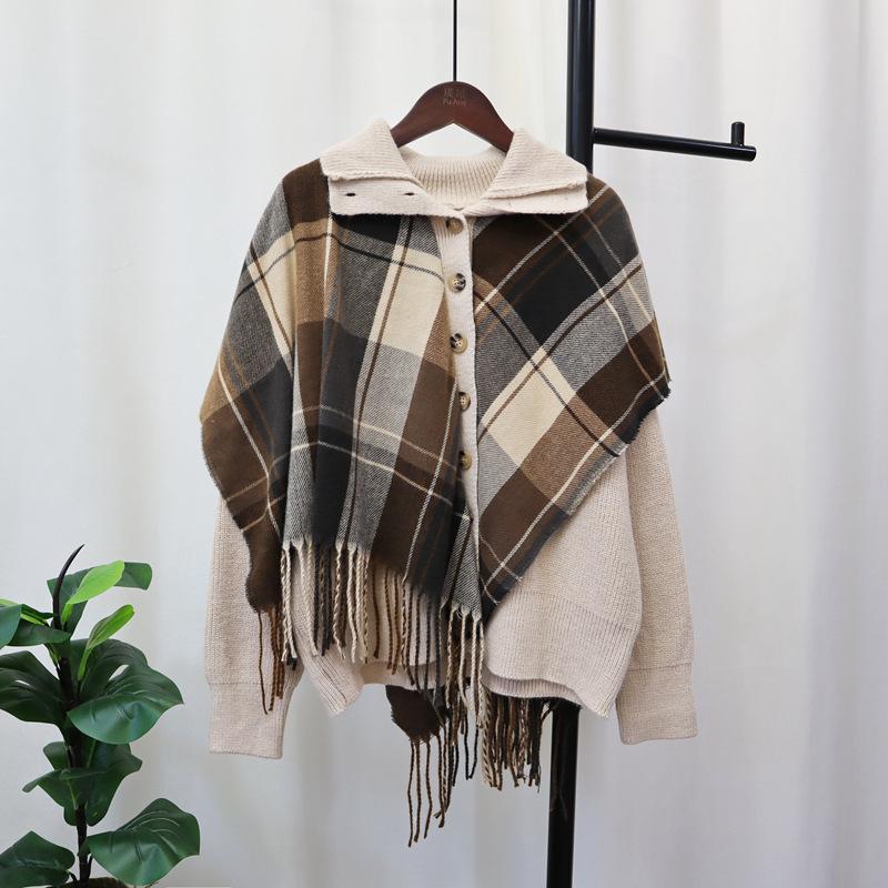 

Клетчатая шаль, вязаный кардиган-обманка из двух частей, женский осенне-зимний свитер-куртка в литературном и ретро-стиле one size fits all хаки