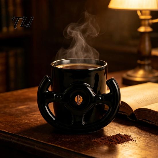 Auto-Themen Bürobedarf Lustige Lenkrad-Kaffeetasse, Keramik-Rennbecher, 400 ml Kreativer Fan-Becher Glänzend Schwarz Trinkgeschirr für Schreibtisch und Gaming-Zimmer