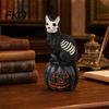 Outdoor Small Landscaping Ornament Halloween Skull Black Cat Pumpkin Figurine, Gothic Statue with Hollow Ribs, Resin Carved Decoration