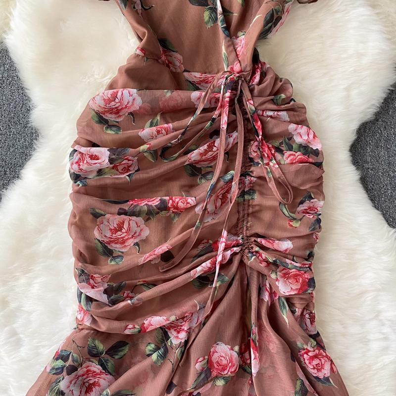Chic Drawstring Bodycon Short Sleeve Vneck Dress Wrap Dresse Fashion Vestidos Women Vintage Spring and Autumn Trumpet Dress