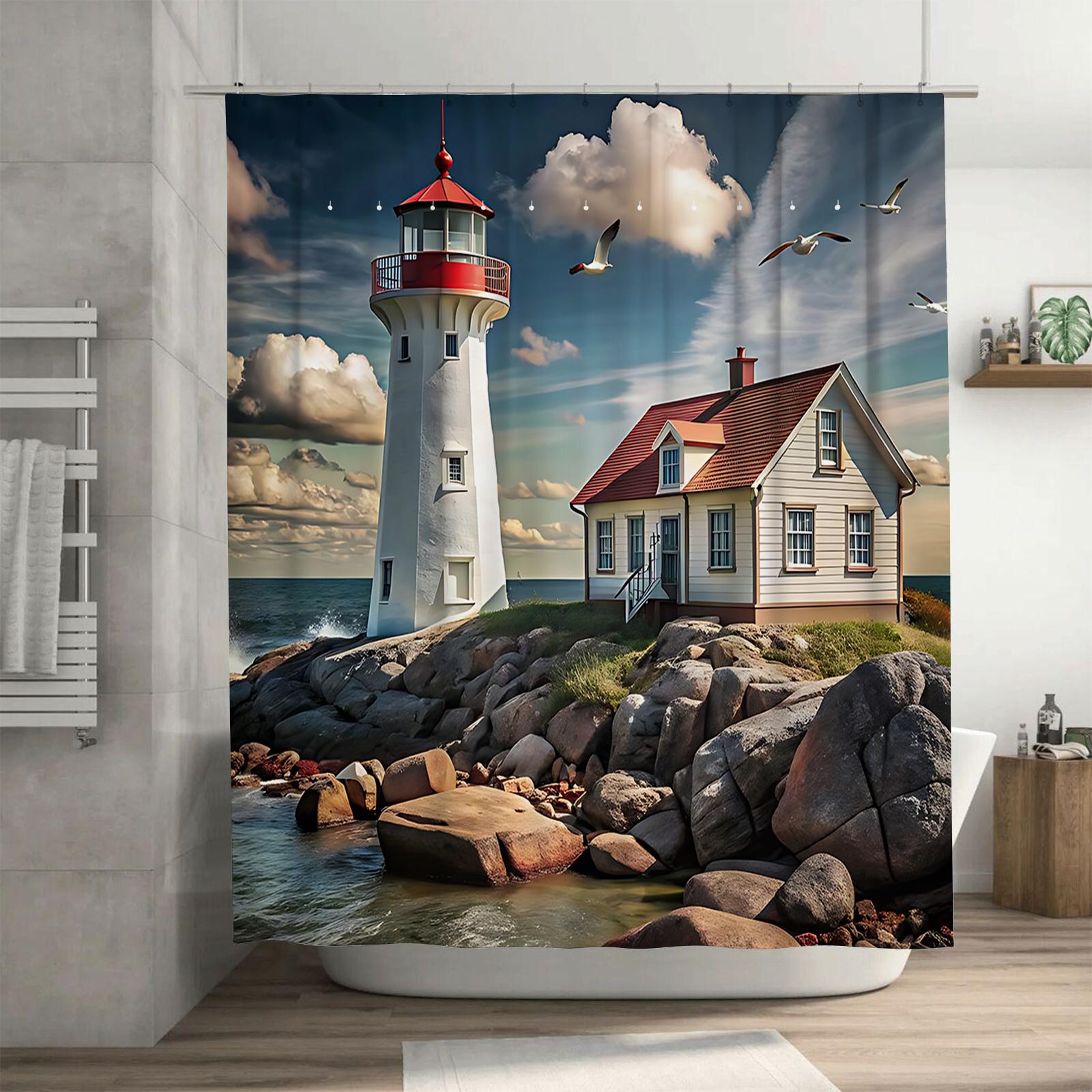 Textile Article Light House And House Shower Curtain - Coastal Scene Decor For Bathroom - Durable Waterproof Fabric With Vibrant Colors