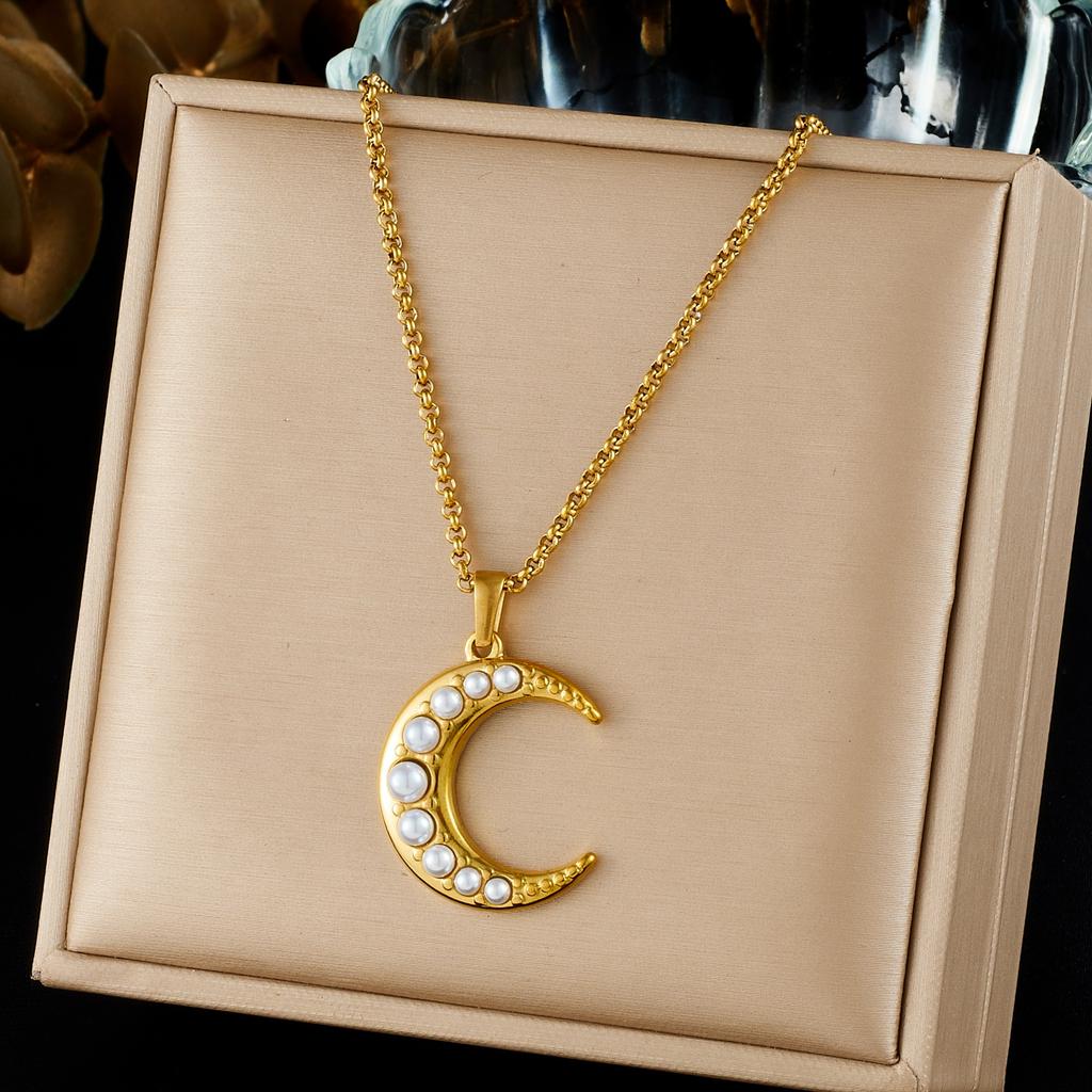 316L Stainless Steel Crescent Moon Pearl Pendant Necklace For Women Elegant Fashion New Trendy Jewelry Party Gift Vacation