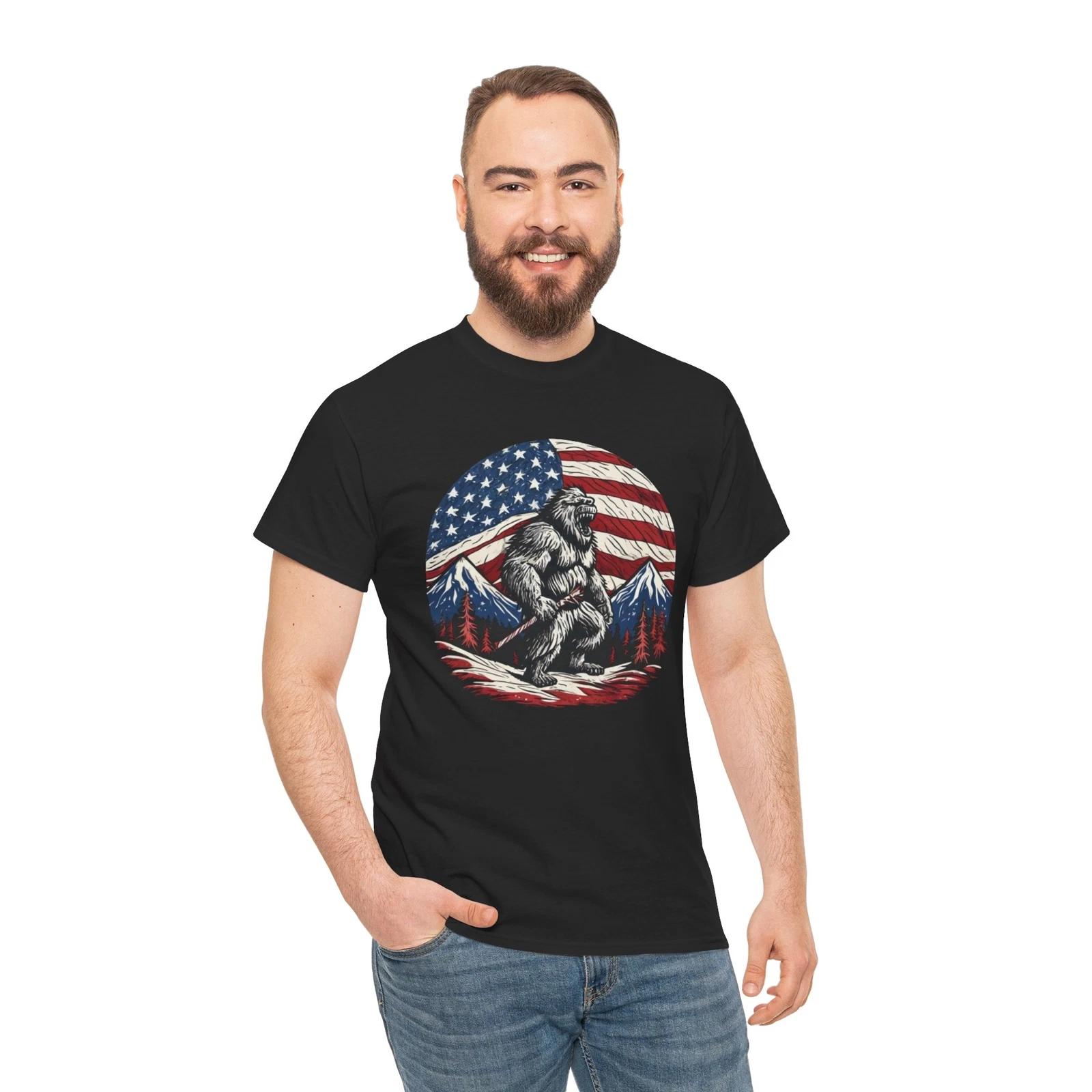 Bigfoot Mountain American Flag 4th July Shirt | Cryptozoology T-Shirt | Cryptid M
