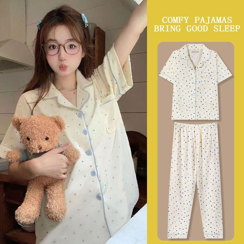 Recommended Pajamas Women'S Two-Piece Set Sweet Color Polka Dot Summer Short-Sleeved Trousers Fashionable Versatile Loungewear