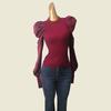 French style Retro Puff sleeve High end Socialite Bottoming Shirt Autumn Thread Slim fit Patchwork Knit