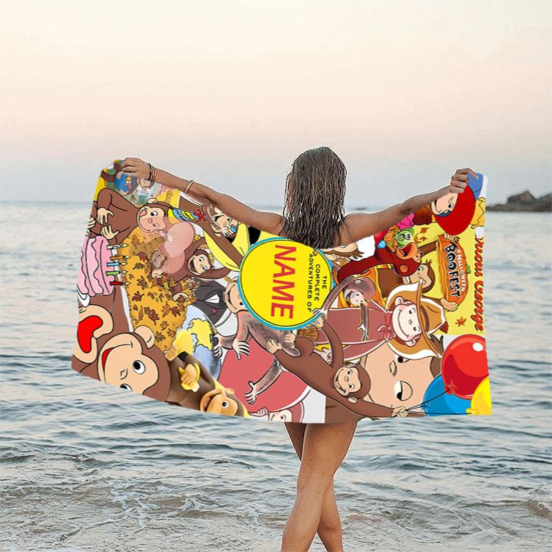 1pc Curious George1 Beach Towel with Custom Name, Beach/Swimming/Bath/Picnic/Camping Towel, Suitable for Seaside Beaches