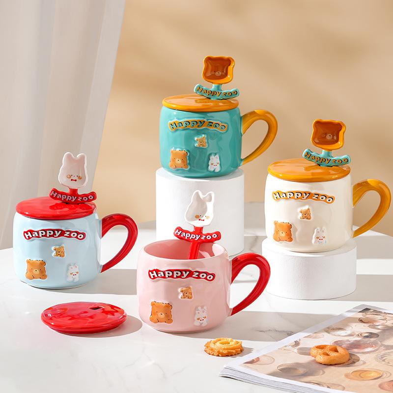 Home Suit Student Simple Ins Style Ceramic Cup Cartoon with Cover Spoon Couple Mug High Temperature Resistant Water Cup