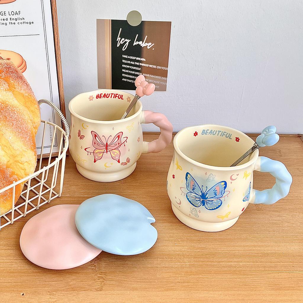 Butterfly Mug Girl Heart Ceramic Cup with Lid with Spoon High Value Water Cup Office Coffee Breakfast Cup