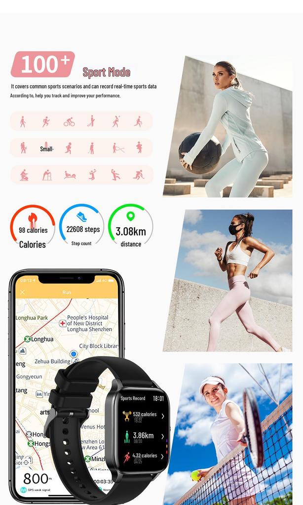 Bluetooth Calling Health Monitoring Sports Watch with Square Screen and Pedometer - I126 Model