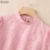 ZANZEA Women Stand Collar Loose Casual Lace Patchwork Short Sleeve Blouse