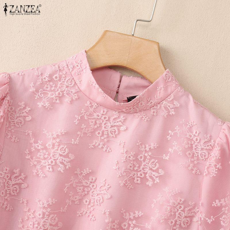 ZANZEA Women Stand Collar Loose Casual Lace Patchwork Short Sleeve Blouse