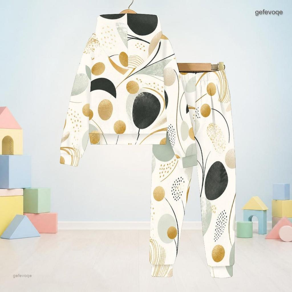 Unisex Kids Printed Black Hooded Long Sleeve Sweatshirt Cuffed Pants Two Piece Set