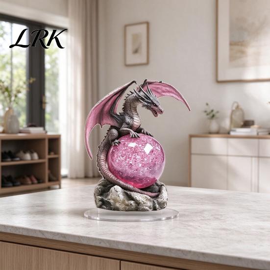 Decorative Figures for Bookshelves 2D Flat Acrylic Dragon Statue, Mystical with Pink Crystal Ball Handmade Fantasy Art Decor on Rock Base, Desktop