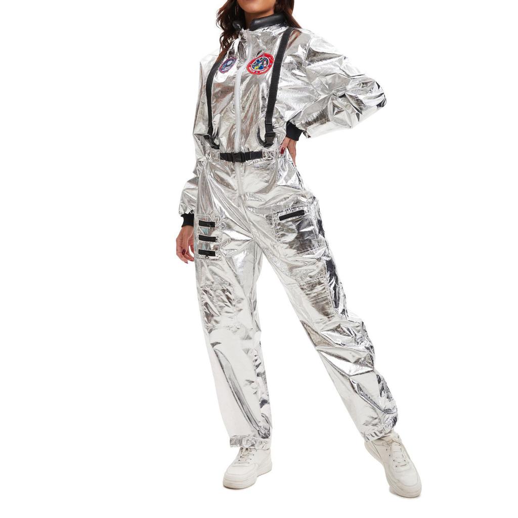 Adult Astronaut Costume Full Body Jumpsuit Space Theme Uniform with Patches and Zipper Closure for Parties Events