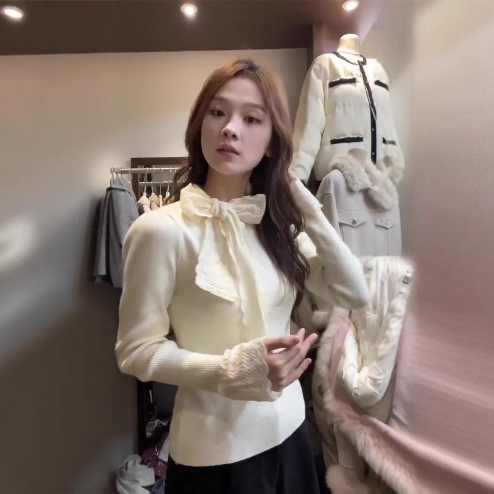 French Lace Bow Long-Sleeve Slimming T-Shirt 2026: Autumn/Winter Versatile Base Layer