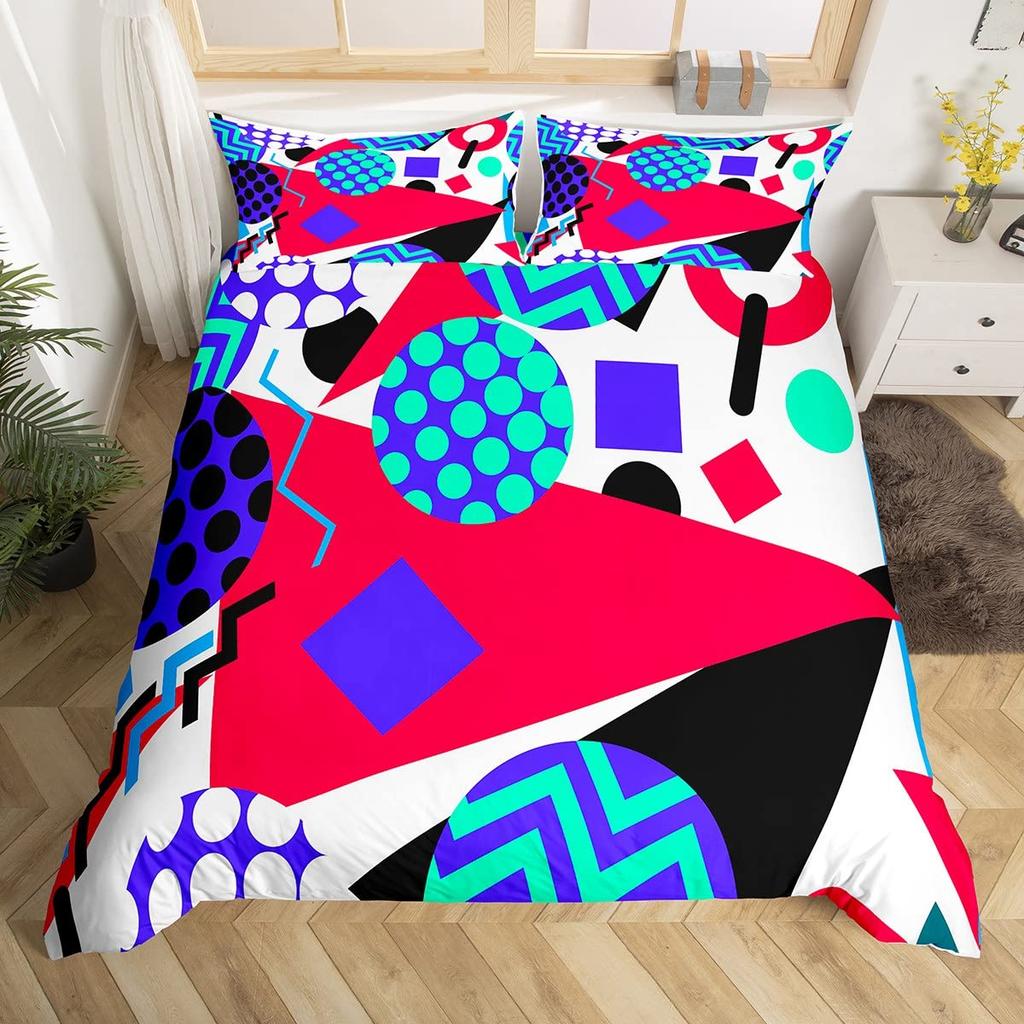 Blau Pink Memphis Bettwäscheset Bunte Abstrakte Bettbezug Hippie Hip Hop Deckenbezug Geometrisch Vintage Mode Steppdeckenbezug