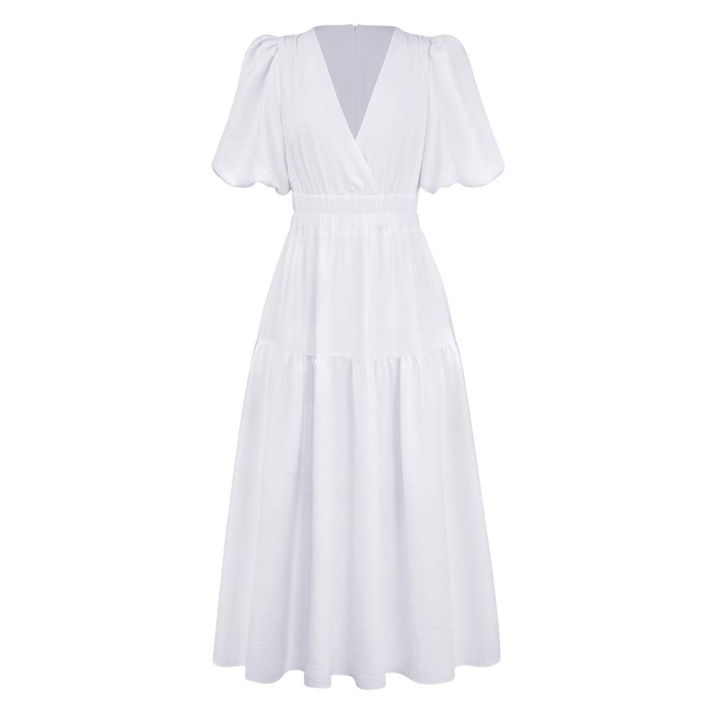 Summer Elegant Deep V Bubble Sleeve Maxi Dress With Pleated Fabric For Women