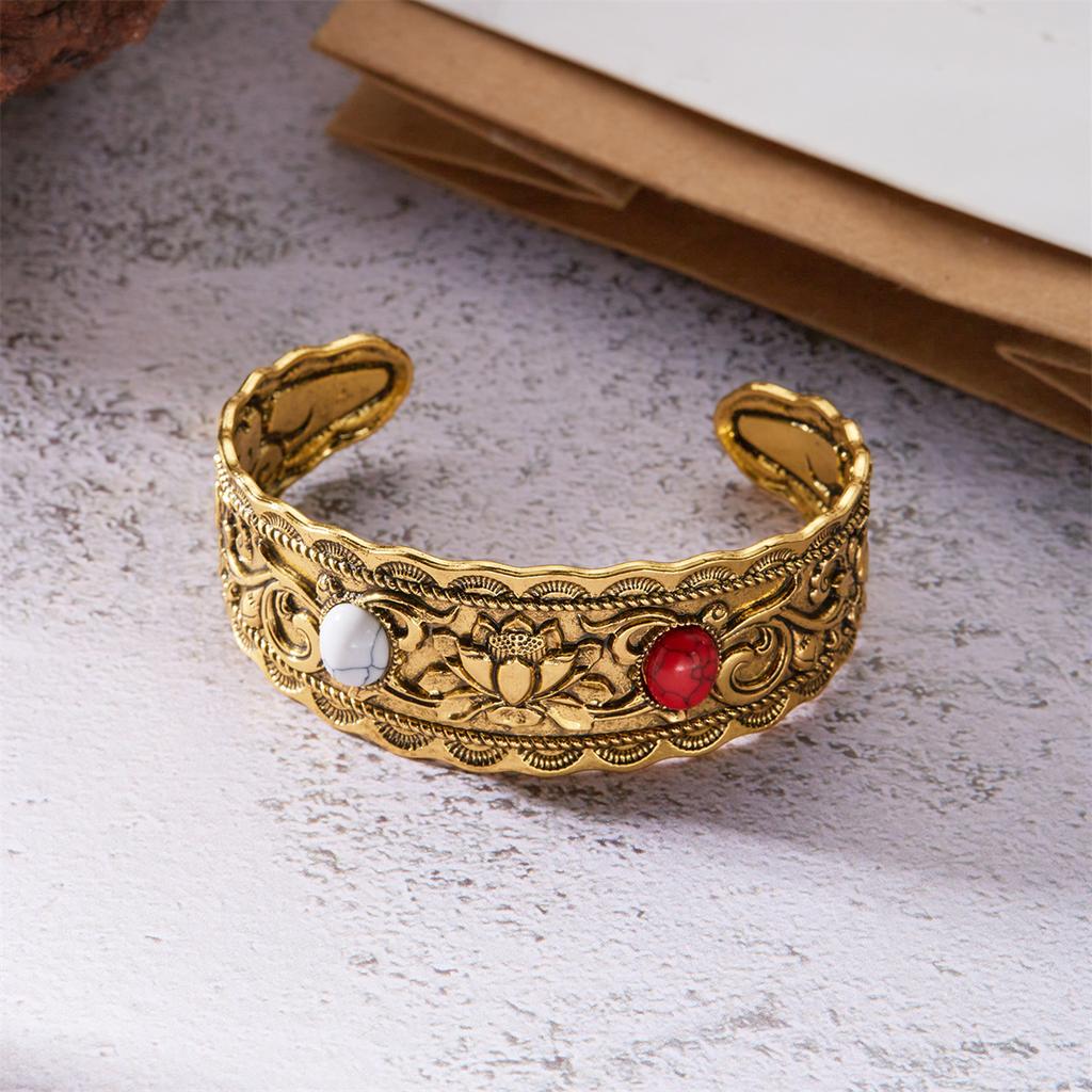 Vintage Antique Silver Color Natural Stone Wide Bangles Bracelets For Women Chinese Style Retro Gold Color Cuff Bracelet Jewelry