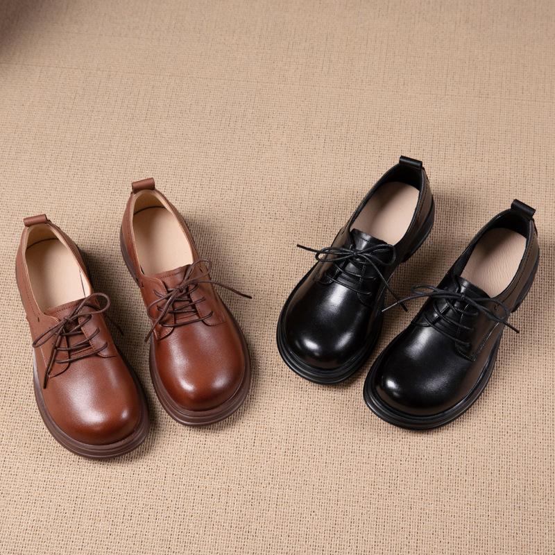First layer cowhide loafers women's spring and autumn new lace-up retro British style single shoes small leather shoes women's shoes