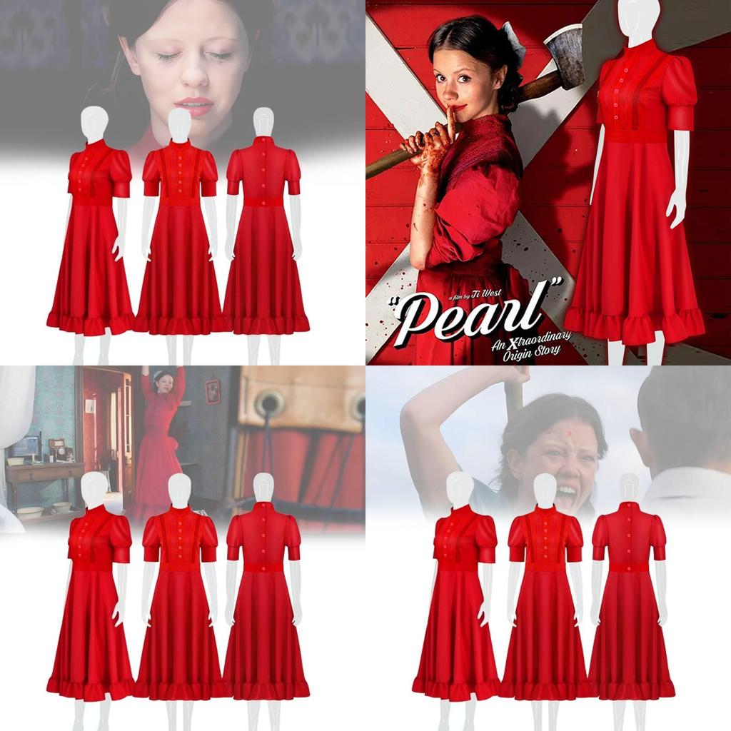 Stunning Pearl Red Dress Costume For Horror Movie Fans Perfect For Halloween Cosplay Events