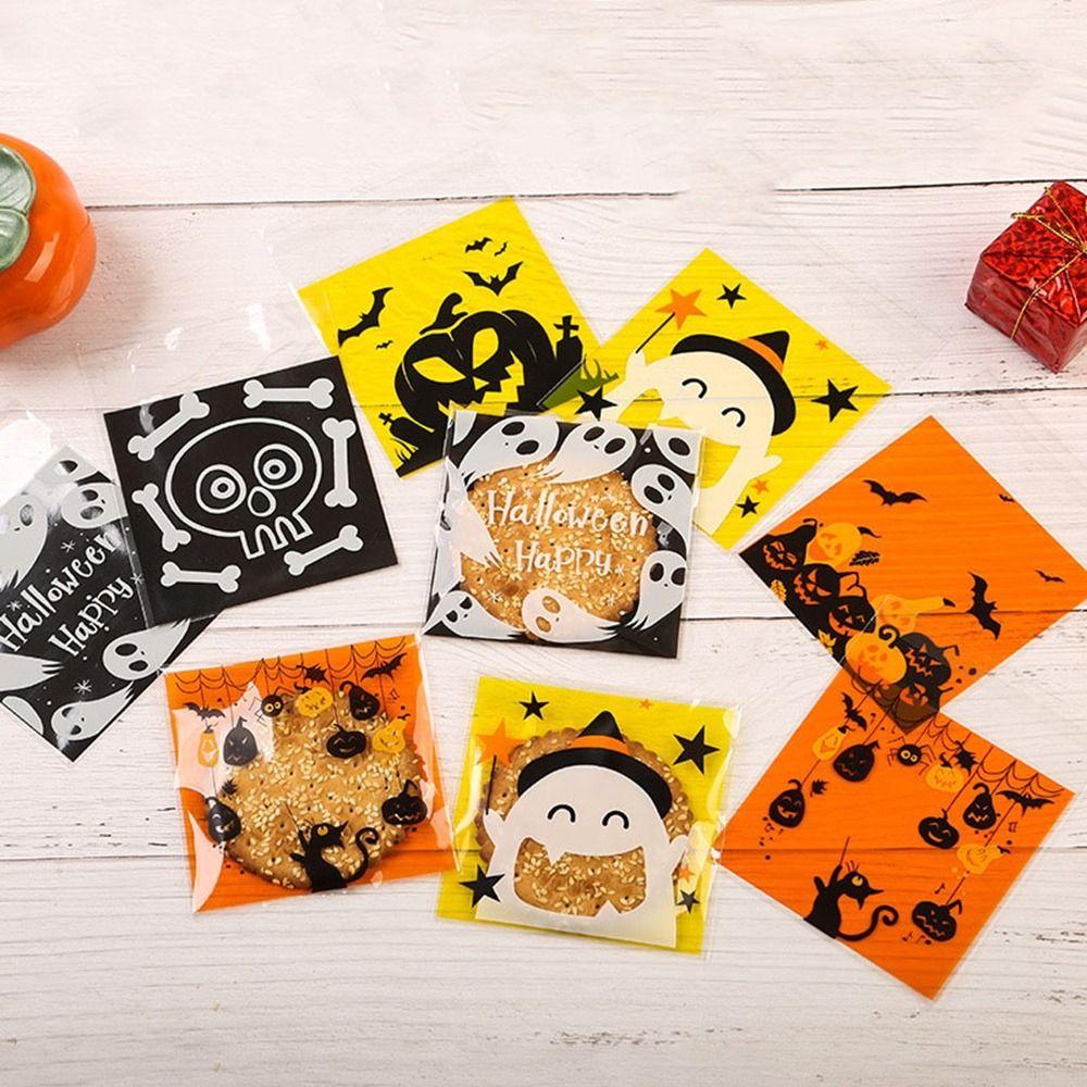 100Pcs Self-adhesive Trick or Treat Bags Plastic Candy Cookie Bags Halloween Candy Bags  Party