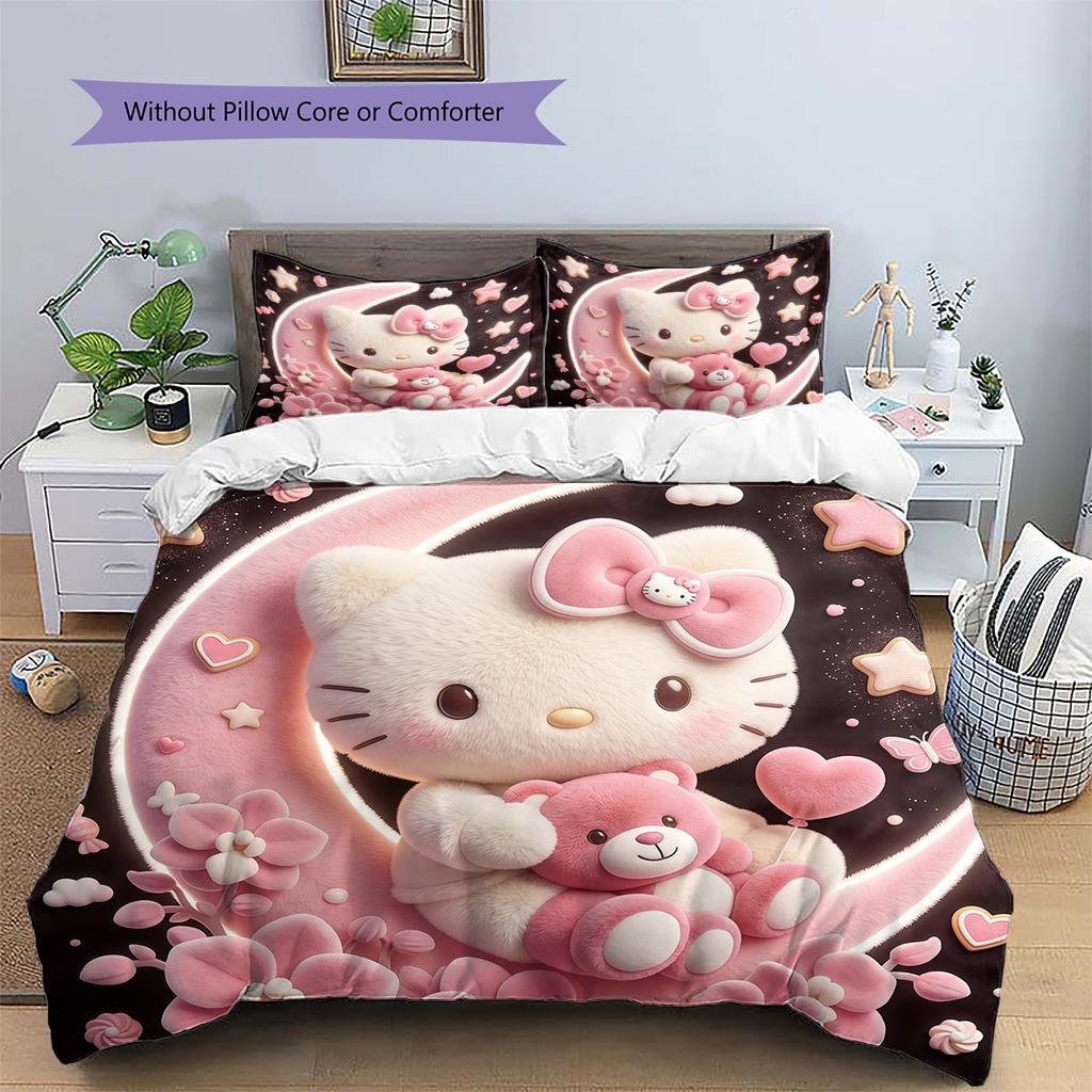 Hello Kitty Pink Pattern Bedding,Quilt Set Quilt Cover Pillowcase Home Birthday Gift(1 * duvet cover + 2 * pillowcase, without core)
