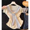 Fake two-piece splicing striped shawl short-sleeved t-shirt women's summer new design waist short top