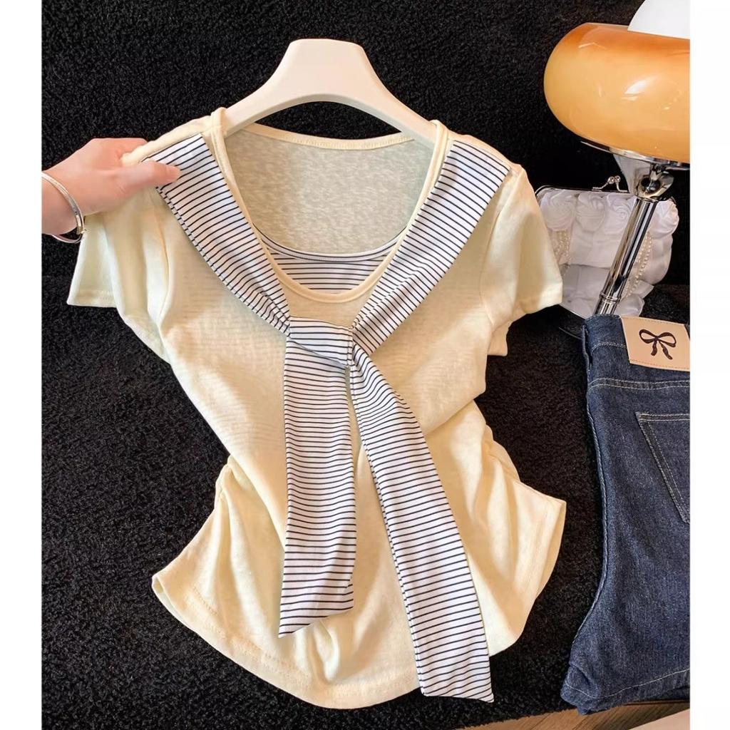 Fake two-piece splicing striped shawl short-sleeved t-shirt women's summer new design waist short top
