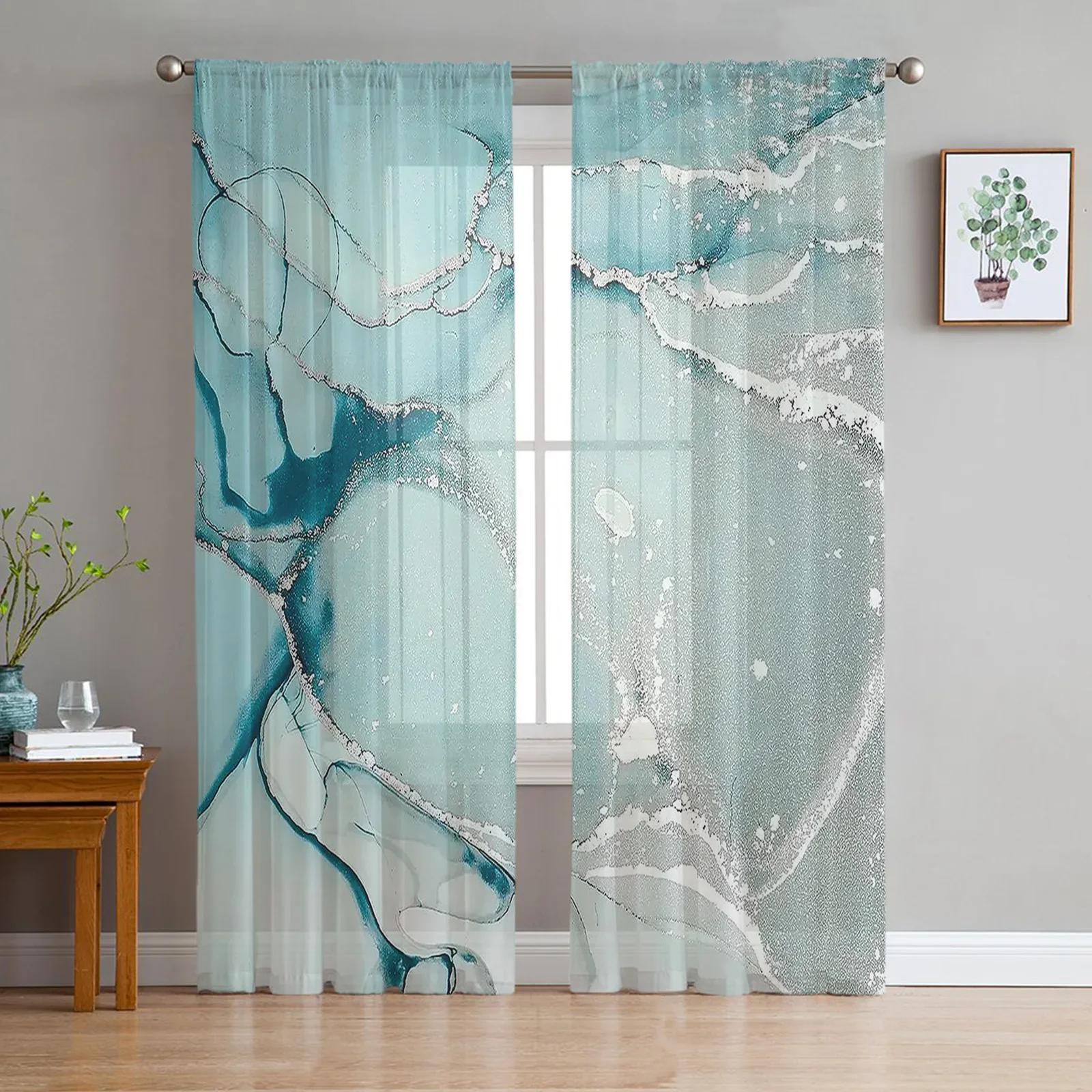 

Marble Texture Green Sheer Drapes for Bedroom Living Room Ornamentation Window Curtain Ideal for Cooking Area Tulle Voile Organza Drapes W135 x H115cm x1&Grommet Top