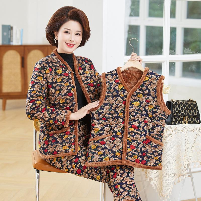 Women's Winter 3-Piece Set: Silk Cotton Coat & Outerwear for Middle-Aged