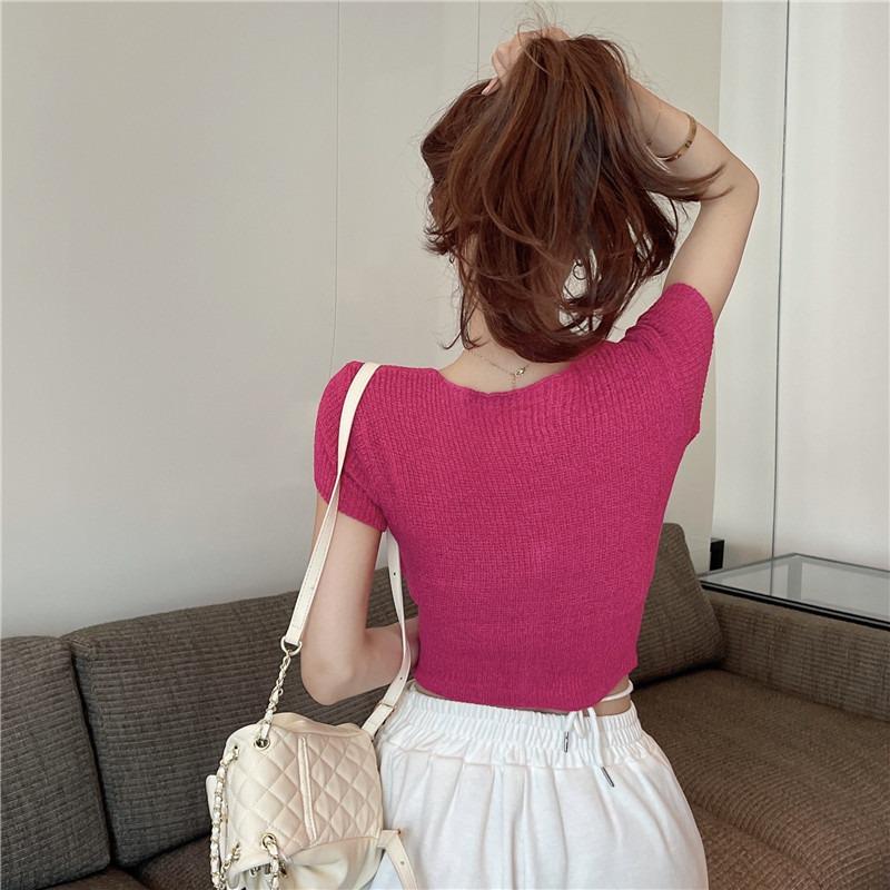 Women's Summer 2025 Knitted Short-Sleeve T-Shirt - New Design with Sweet and Spicy Style, Square Neck, Pure Charm Top.
