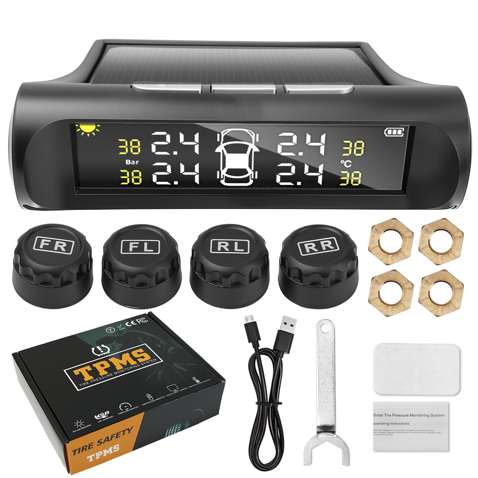 

TPMS Монитор давления в шинах автомобиля Интеллектуальный мониторинг в реальном времени Внешний беспроводной солнечный монитор обнаружения давления в шинах 4 датчика