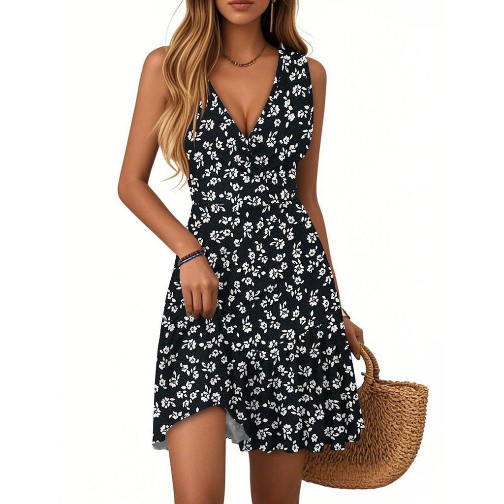 Women's Dress V-neck Sleeveless Casual Floral Print Hem Pleated Dress