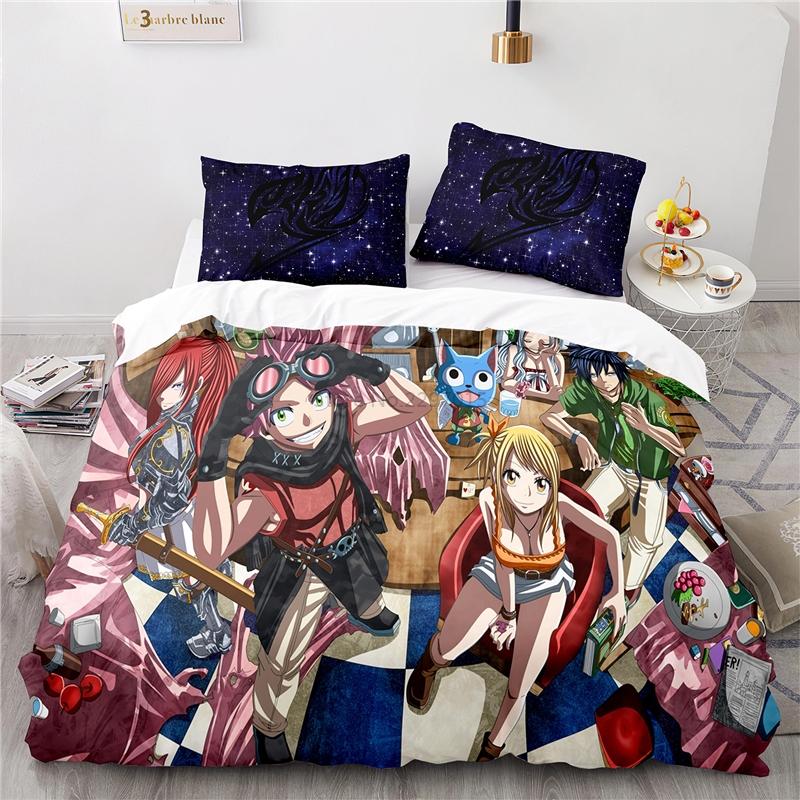 Popularne Anime Fairy Tail Zestaw Pościeli z Nadrukiem 3D Lucy Gray Fullbuster Etherious Nadrukowany Zestaw Poszwy na Kołdrę z Poszewką na Poduszkę