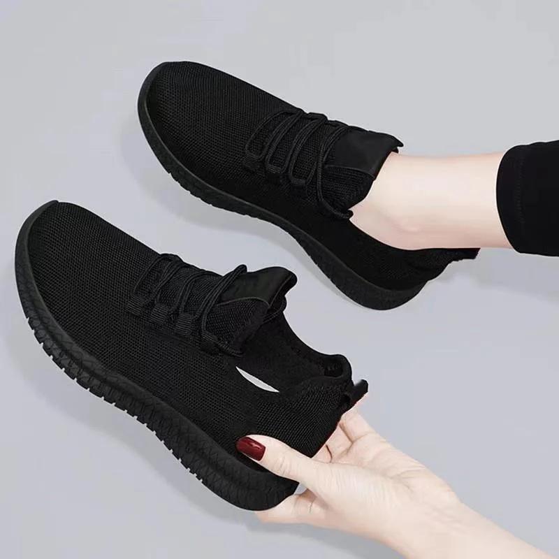 Spring And Autumn Fashionable Solid Color Breathable Round Toe Sneakers Casual And Comfortable Thick-Soled Women'S Shoes