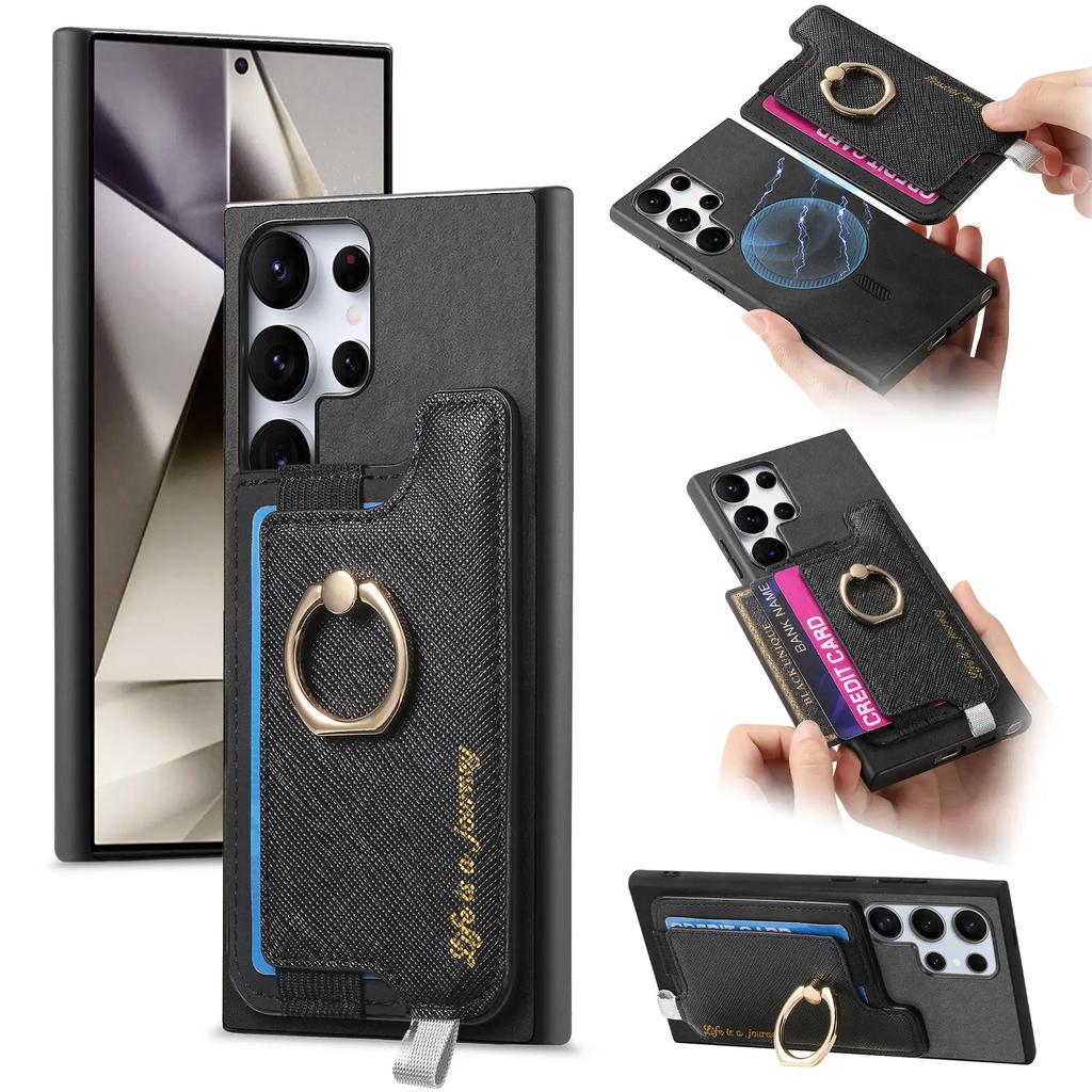 Carteira com Porta-Cartões Magnético 2 em 1 Capa de Couro com Suporte de Anel Destacável Para Samsung Galaxy S24 Ultra S23Plus A05 A55 A15 A25 Capa