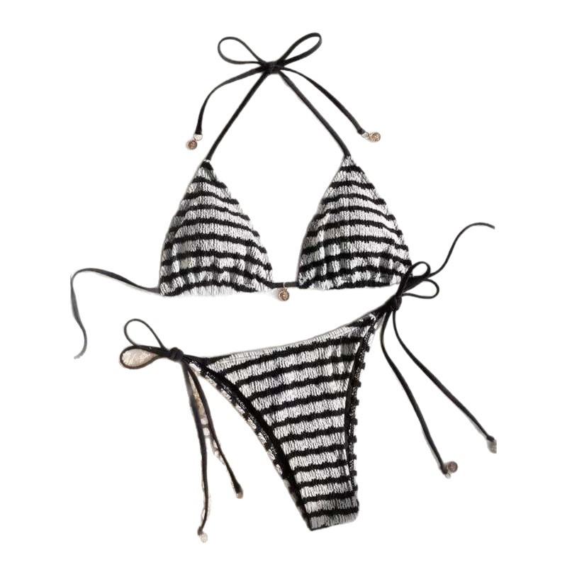European and American Split Swimsuit Women's Black and White Striped Strap Bikini Sexy Vacation Hot Spring Swimsuit Women