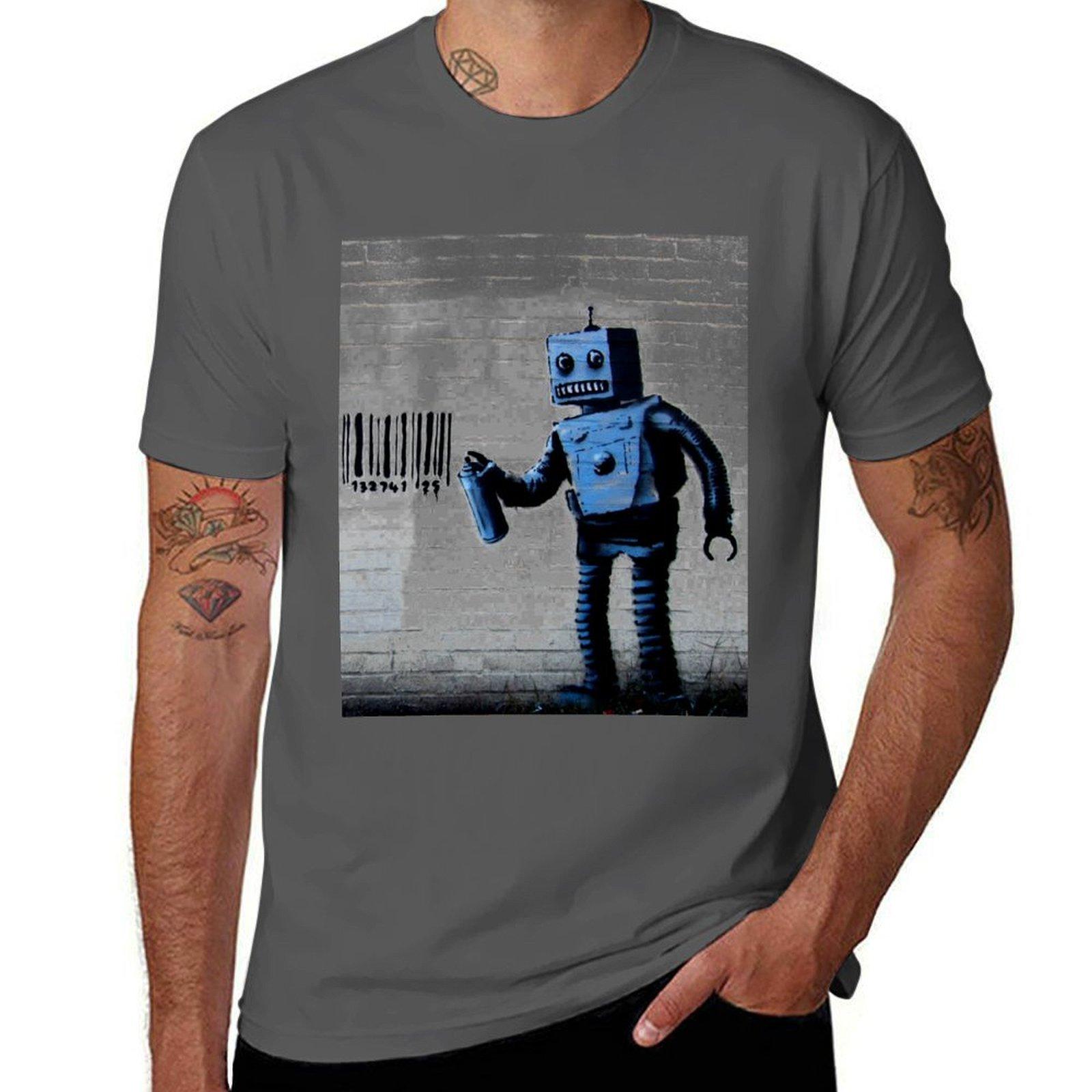 

GRAFFITI ROBOT BARCODE BANSKY TShirt Basic Solid Color Short Sleeve Cotton Top 4XL