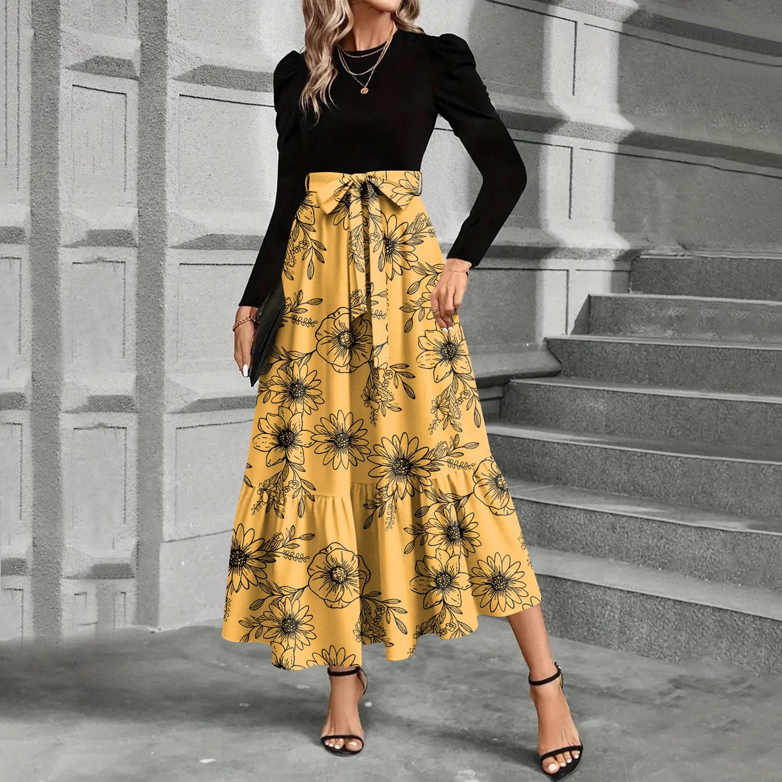 

Женское платье с цветочным принтом и высокой талией, модное и элегантное XL жёлтый