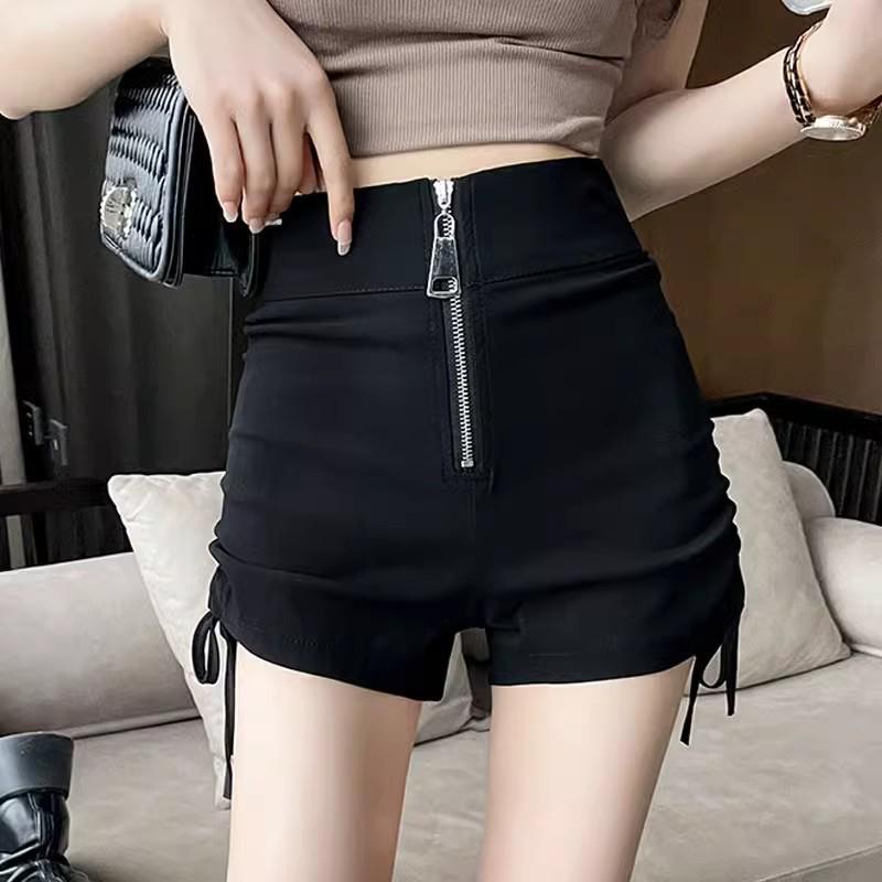

Black High-Waist Pleated Drawstring Booty Shorts - Trendy Slimming A-Line Design for Summer 2XL [Recommended 66-74 kg]