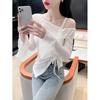 Pleated Lace Shirt with Straps and Slanted Shoulders for Women's Spring and Autumn New Design Sense, Flared Sleeves, Slim Fit, Chic Niche Top