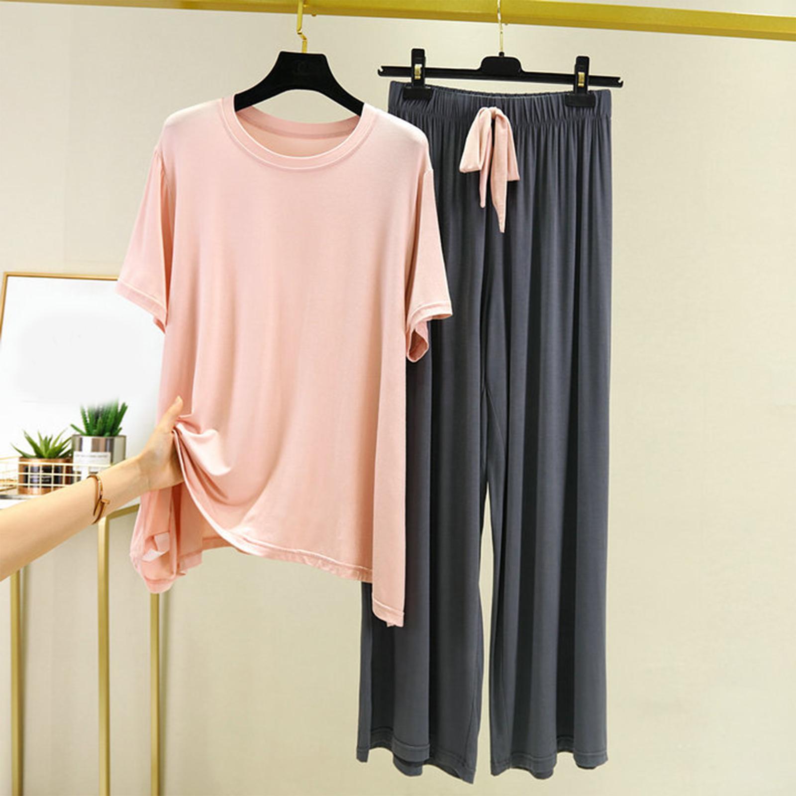 

Women s Loose Casual Round Neck Short Sleeved T-shirt Long pants Set Color Pajamas XL рожевий