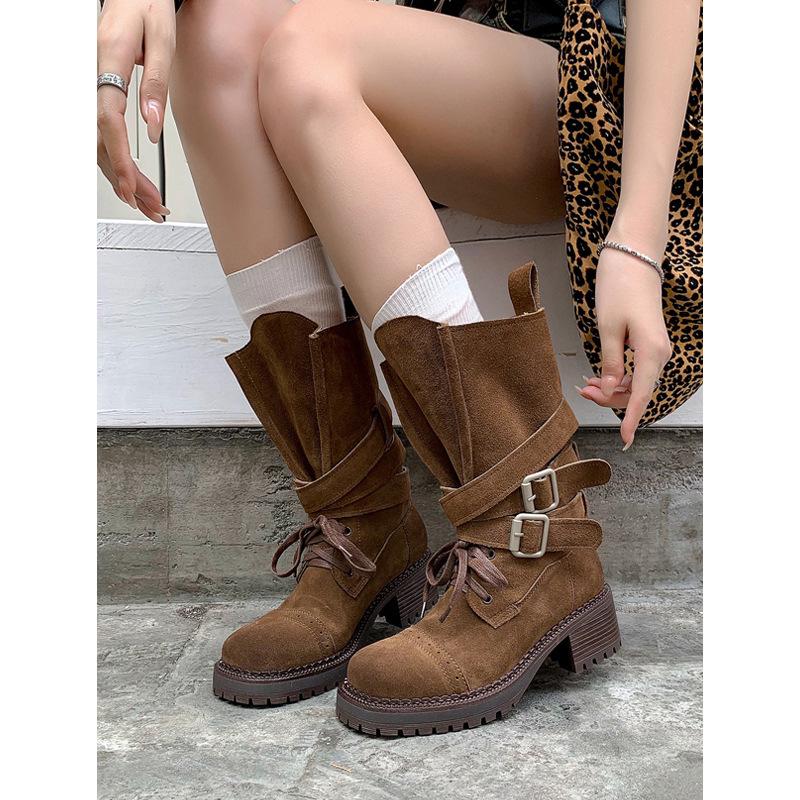 Cowhide version~ Retro knight boots women's thick-soled thick-heeled Martin boots belt buckle mid-tube western cowboy boots locomotive boots