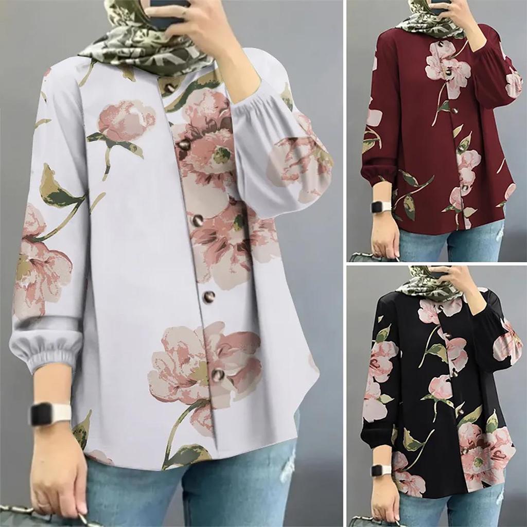 2024 Women's Muslim Floral Bubble Sleeve Blouse