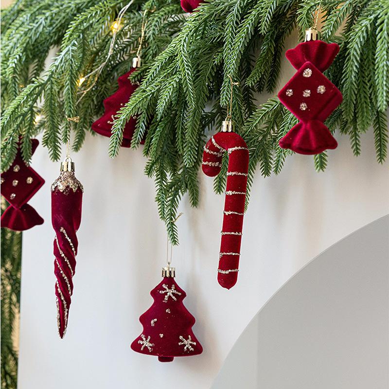 2Pcs Christmas Tree Decorations Red Wine Plush Painted Pendant Bell Bow Crutch For Home 2025 Xmas Navidad Gift