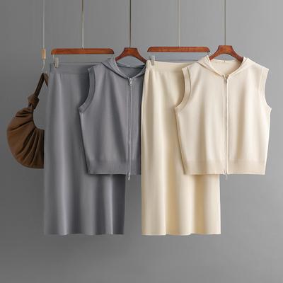 Novo Conjunto de Duas Peças de Malha com Capuz Cardigan Saia Moda Feminina Solto Zíper