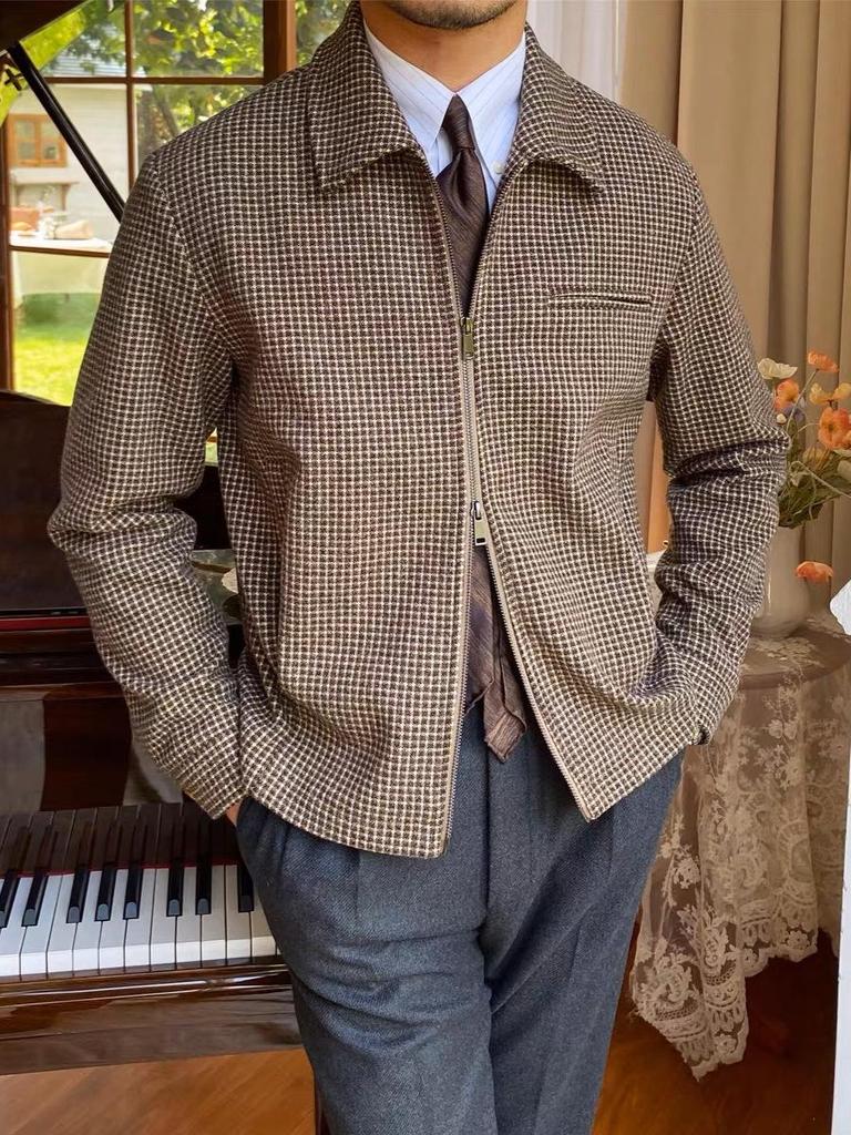 Men's Retro Houndstooth Zipper Jacket - Autumn/Winter Casual Waist-Cinching Lapel Design