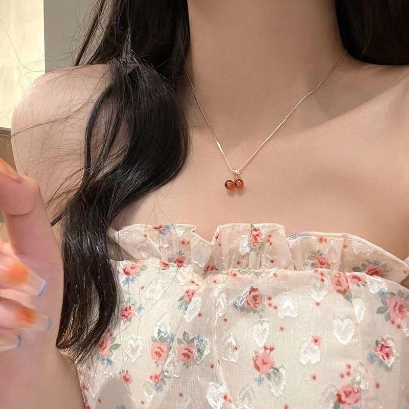 Cherry Necklace Natural Stone Beads Pendant Chain Necklaces Women's Fashion Wedding Party Jewelry Birthday Gift